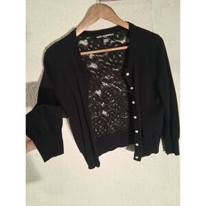 Quiet Luxury Karl Lagerfeld Paris Lace Floral Cardigan Black White Pearl Buttons